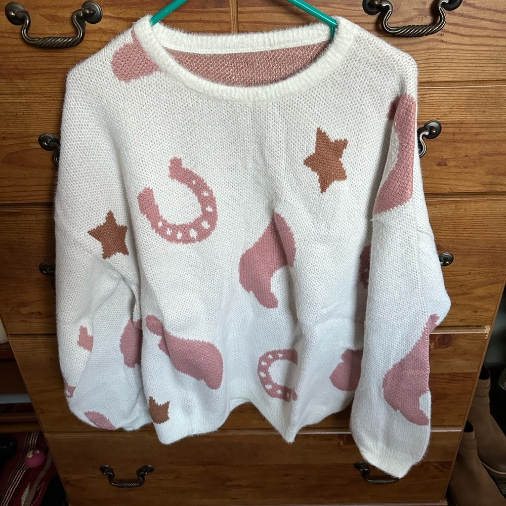 Cozy White and Pink western Patterned Sweater/ medium new